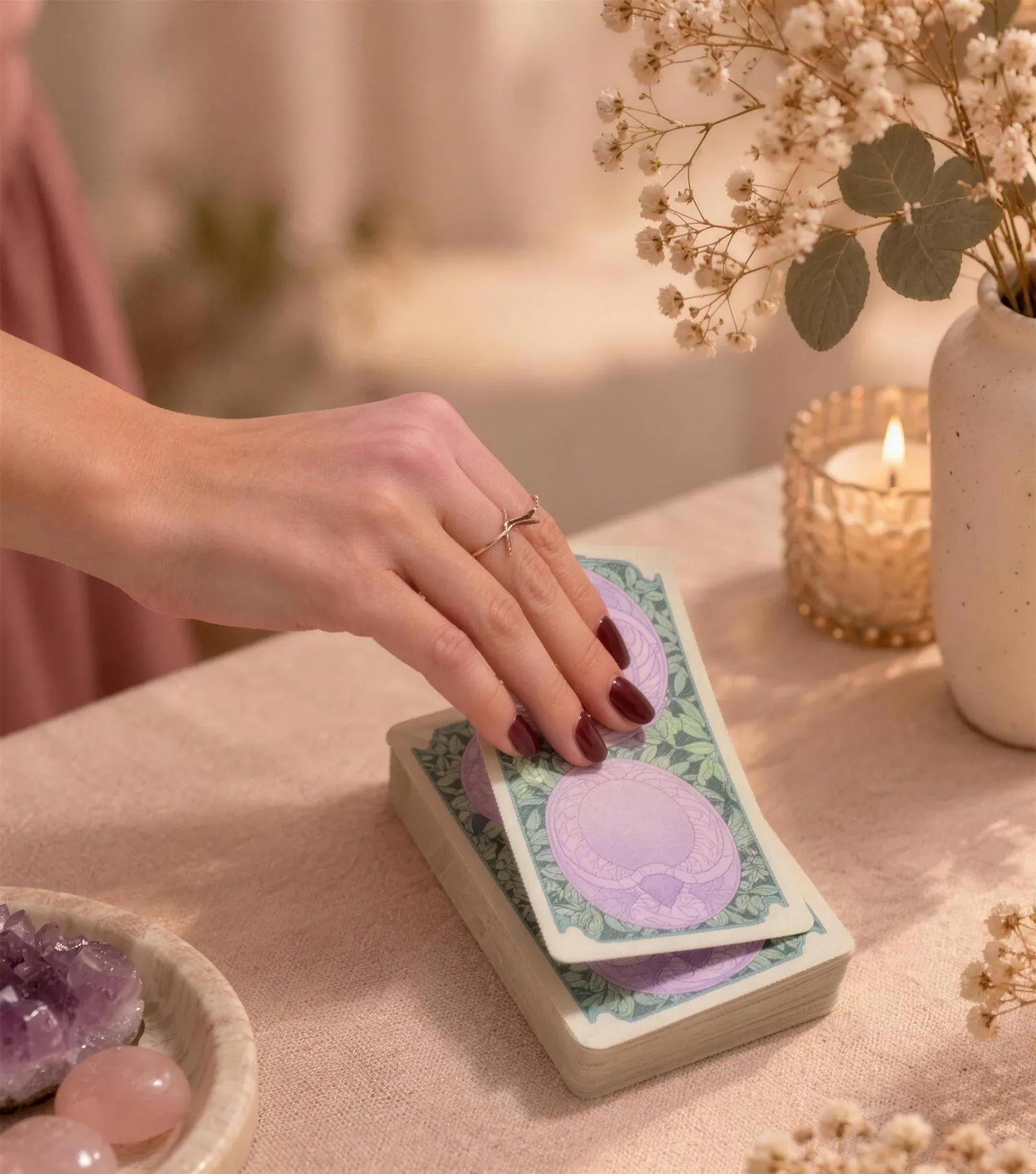 Mão pousada sobre um baralho de tarô, ao lado de uma vela acesa, flores secas e cristais.