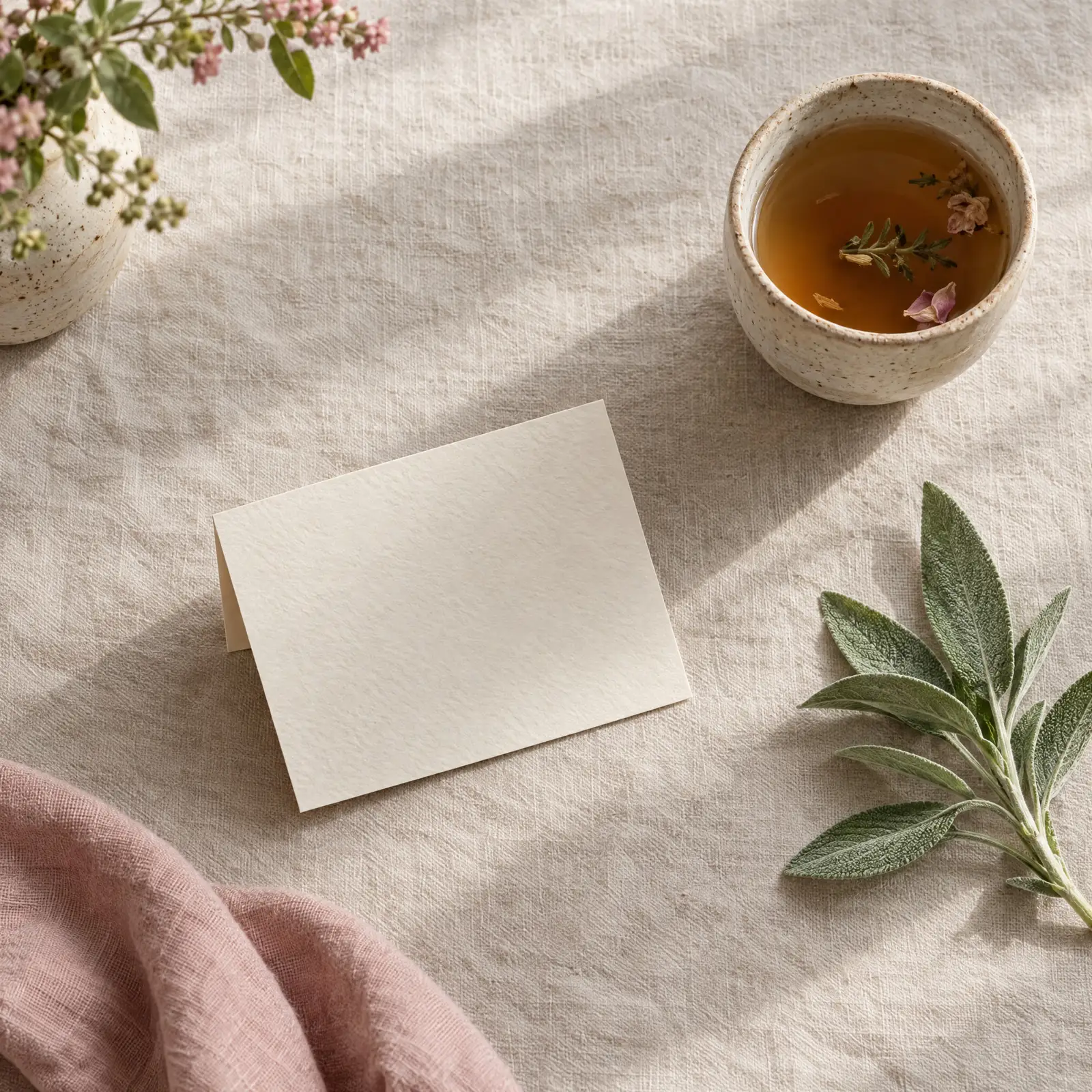 Um cartão de papel em branco sobre linho, com um ramo de sálvia, uma xícara de chá e flores secas.