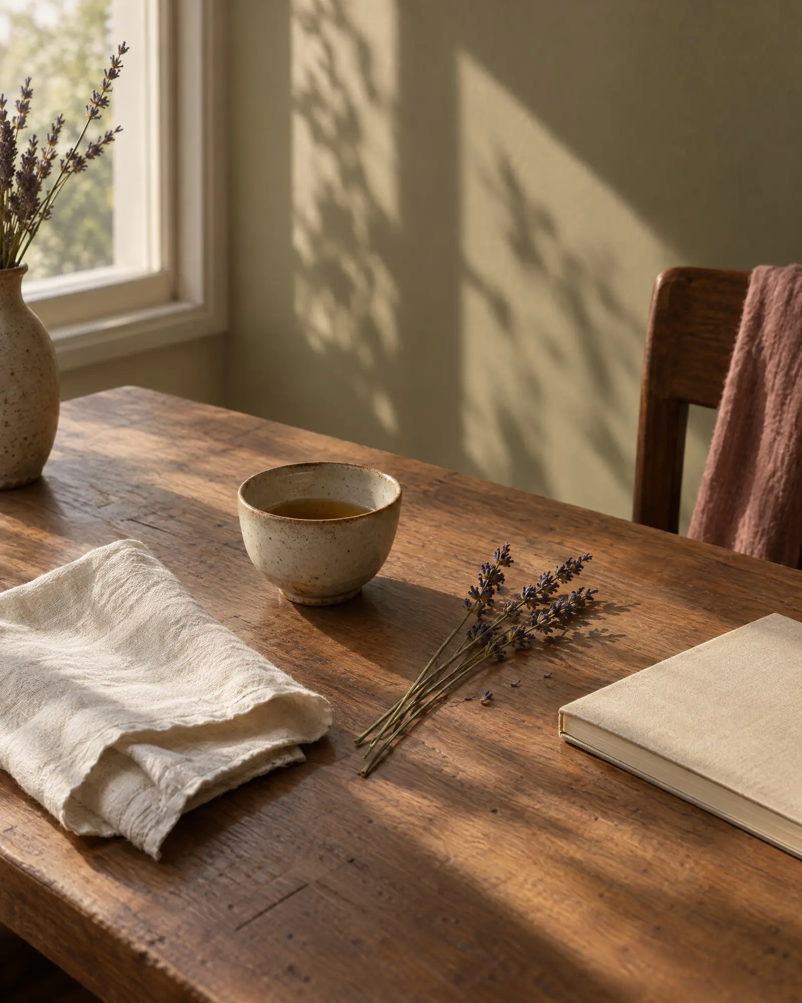 Um canto de mesa de madeira com um guardanapo de linho, uma xícara de chá, lavanda seca e um caderno fechado, à luz do fim da tarde.