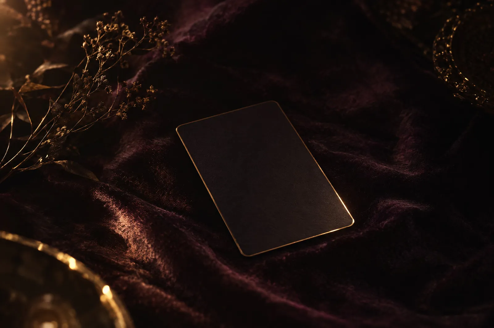 Uma carta escura com borda dourada sobre veludo ameixa, iluminada por uma luz quente lateral.