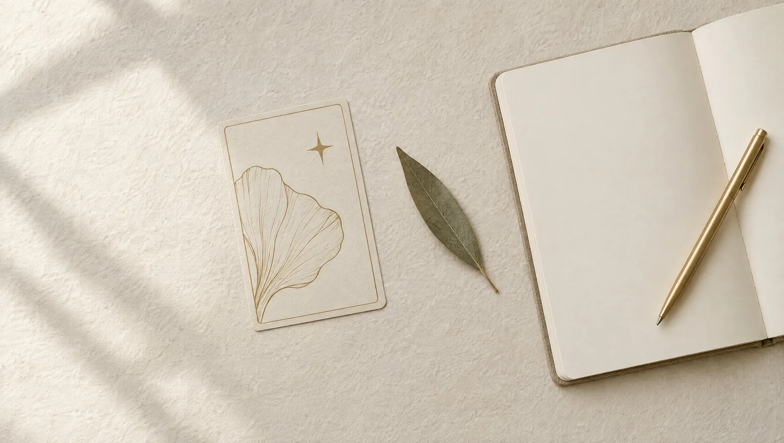 Uma carta com uma pétala desenhada em traço dourado sobre papel artesanal, ao lado de um caderno aberto e uma caneta dourada.