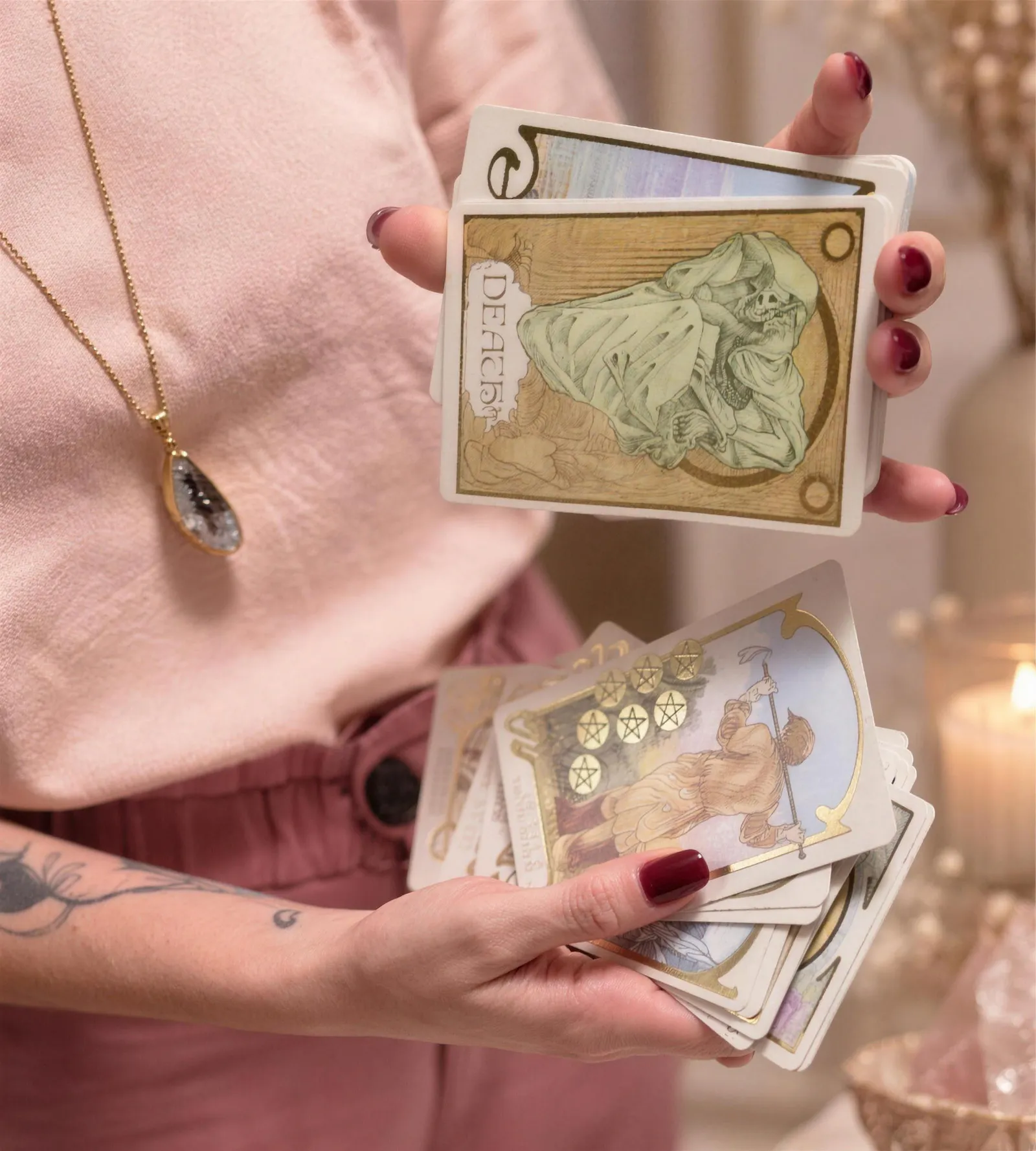 Rubia, de blusa rosa e colar com pedra, segurando cartas de tarô nas duas mãos.
