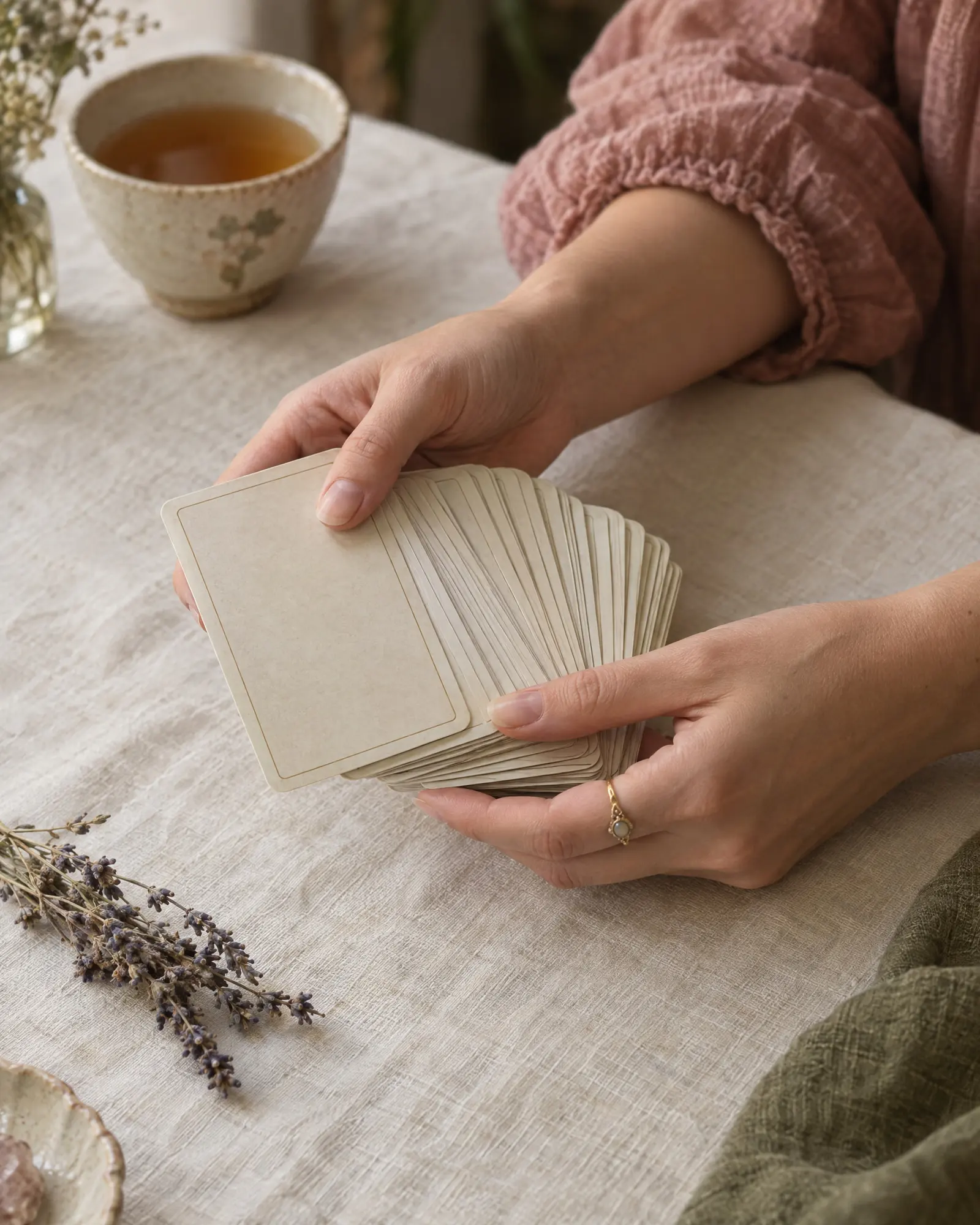 Mãos de uma mulher embaralhando um baralho de tarô sobre uma mesa de linho, com uma xícara de chá e lavanda seca.